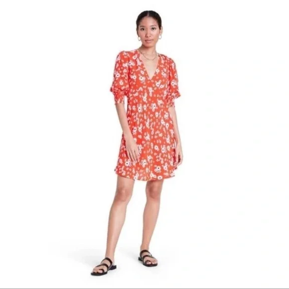 RIXO x Target Red Ditzy Daisy Floral Puff Sleeve Mini Dress, Size 2 - Picture 2 of 12